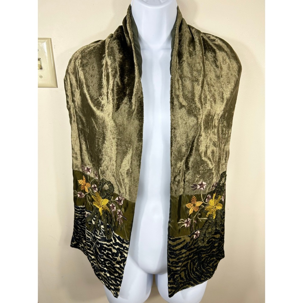Two's Company Scarf Women Olive Green Velvet Burnout Floral Embroidered Earthy